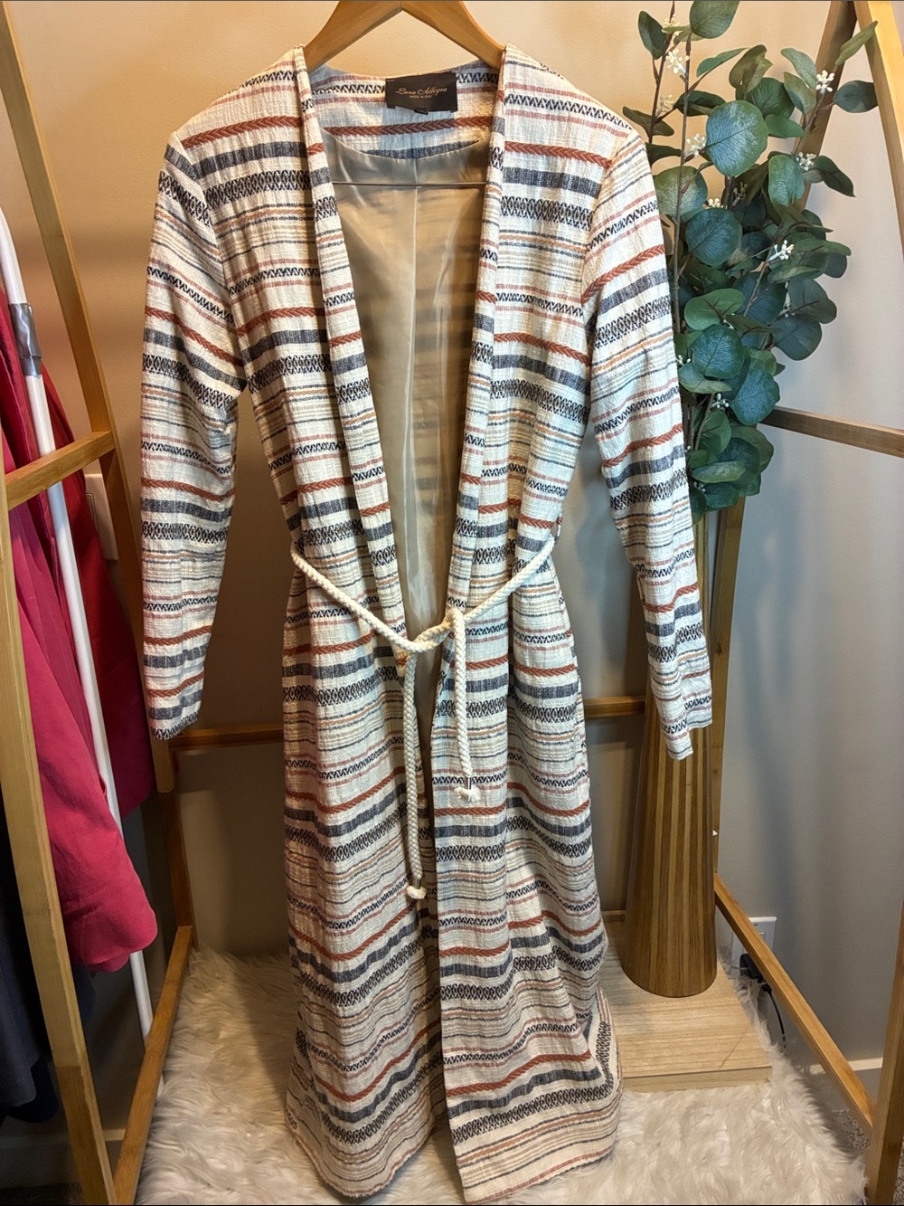 94% Cotton Striped Long Robe with Tie Belt - Neutral Stripe Made in Italy